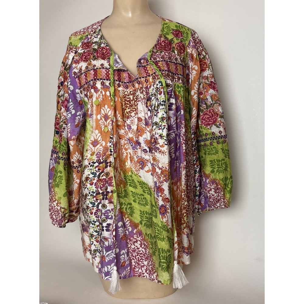 Savanna Jane Womens XL Top Boho Embroidered Blouse colorful tassels floral
